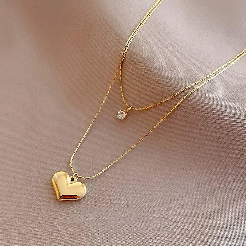 Wholesale 18K Gold Plated Double Layer Chain Necklaces Stainless Steel CZ Zircon Heart Pendant Necklaces for Women