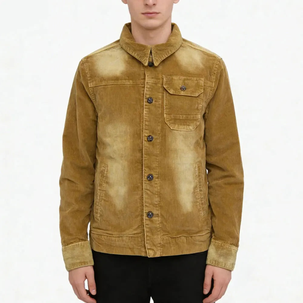 Custom Shirt Collar Streetwear Overshirt Fade Wash Corduroy Jacket for Men