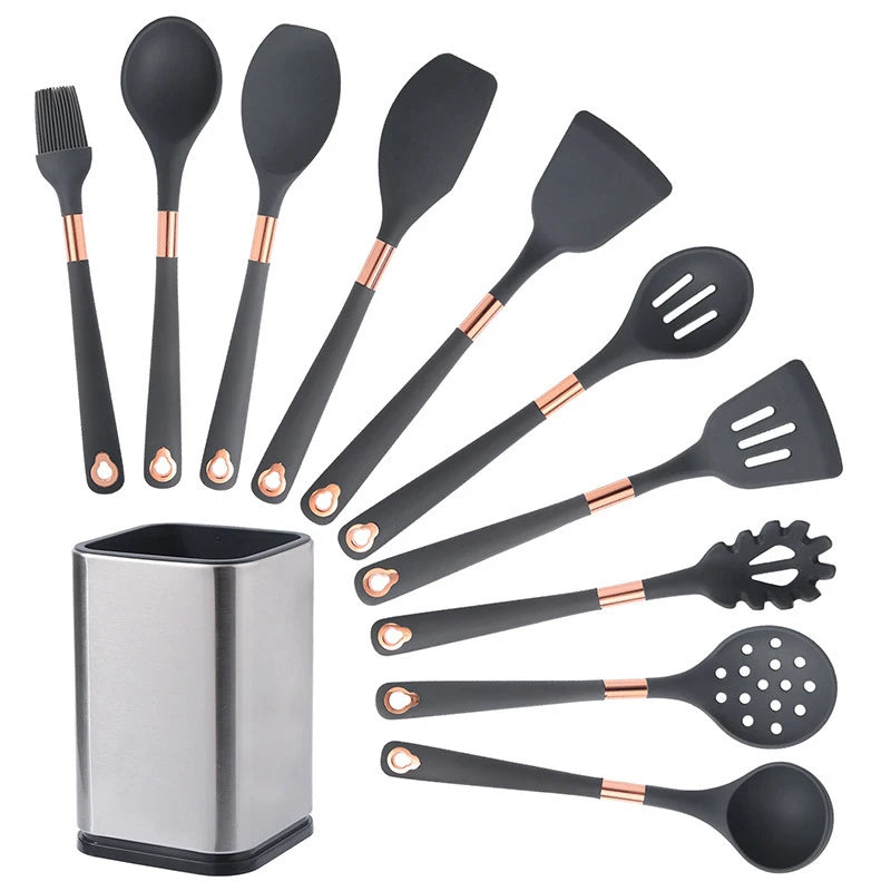 OEM Manufacturer 10-Piece Silicone Kitchenware Set Stainless Steel Kitchen Tools Including Spatula Knife Ladle for Cooking