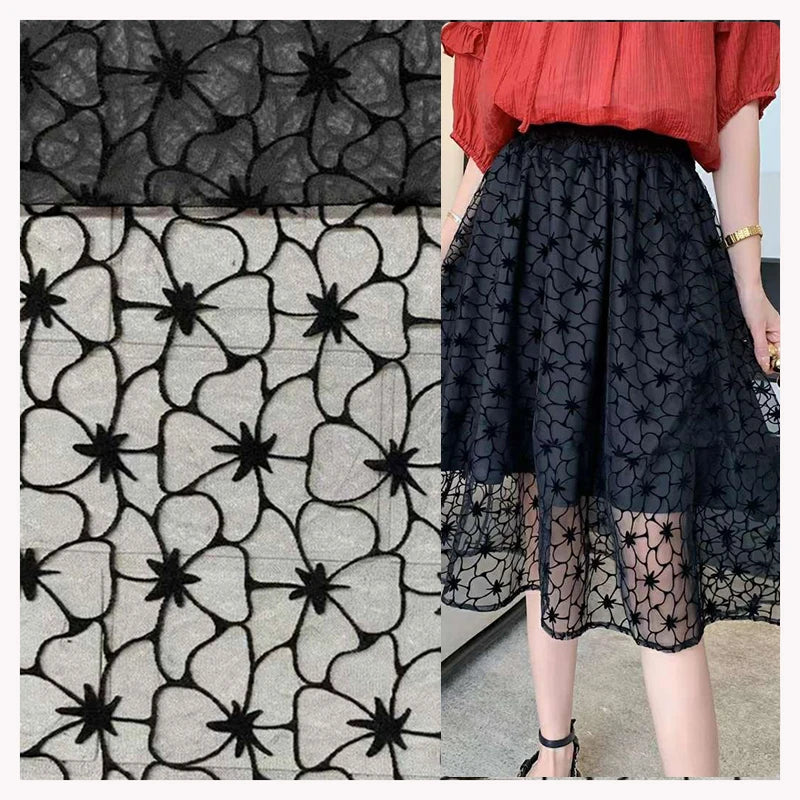 DX163 Fashionable Floral 100% Polyester Black Flocked Tulle Mesh Fabric With Flocking Velvet