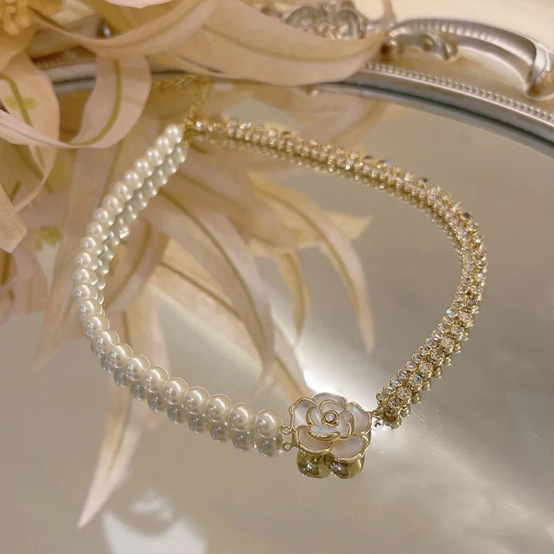 Gold Plated Pearl Bead Chain Necklace Bling Crystal Tennis Chain Drop Oil Flower Pear Drop Necklace