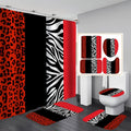 4PCS Leopard Print Shower Curtain Set Black White Red Splice Shower Curtain with 12 Hooks