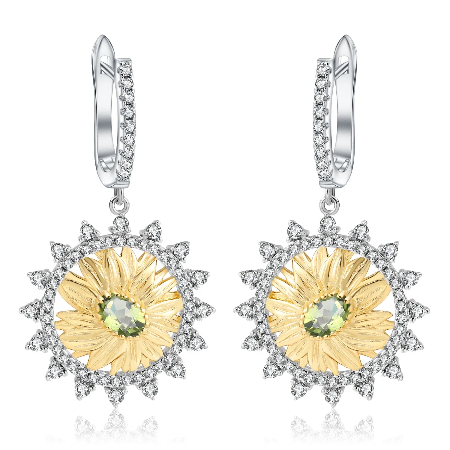 C7614 Abiding Fashion 925 Sterling Silver Drop Earrings Natural Peridot Sunflower Earrings for Women