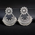 Women Vintage Silver Flower Earrings Ethnic Boho Bells Tassel Earrings Indian Jewelry Hollow Pattern Bead String