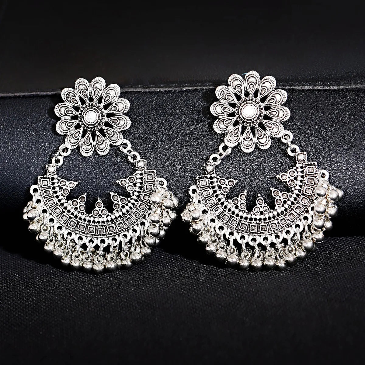 Women Vintage Silver Flower Earrings Ethnic Boho Bells Tassel Earrings Indian Jewelry Hollow Pattern Bead String