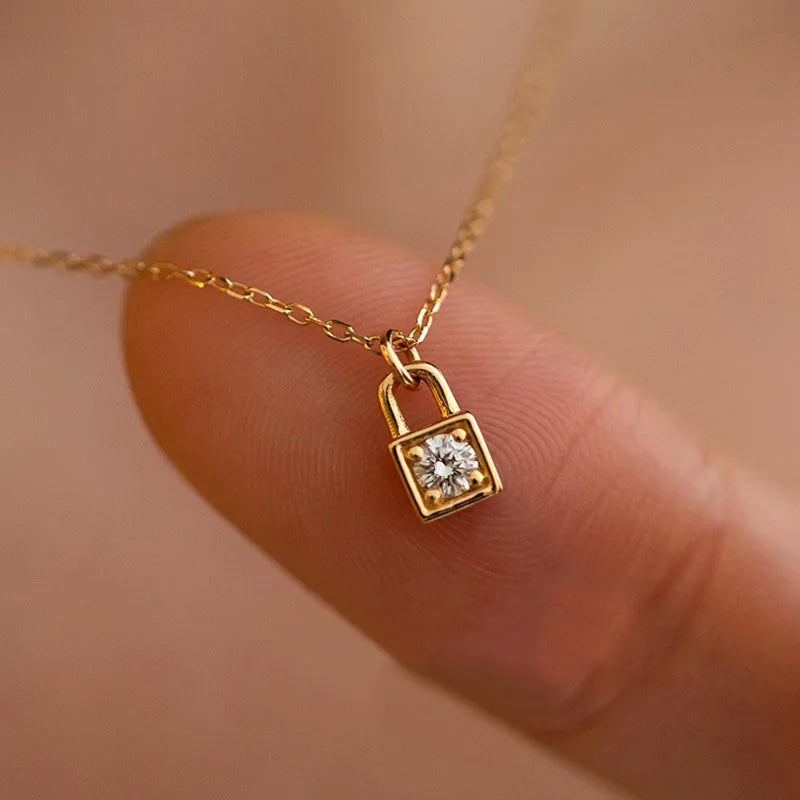 Women Gift Fine Jewelry Lock Charm Mosaic White Zircon 14K Gold 925 Sterling Silver Necklace