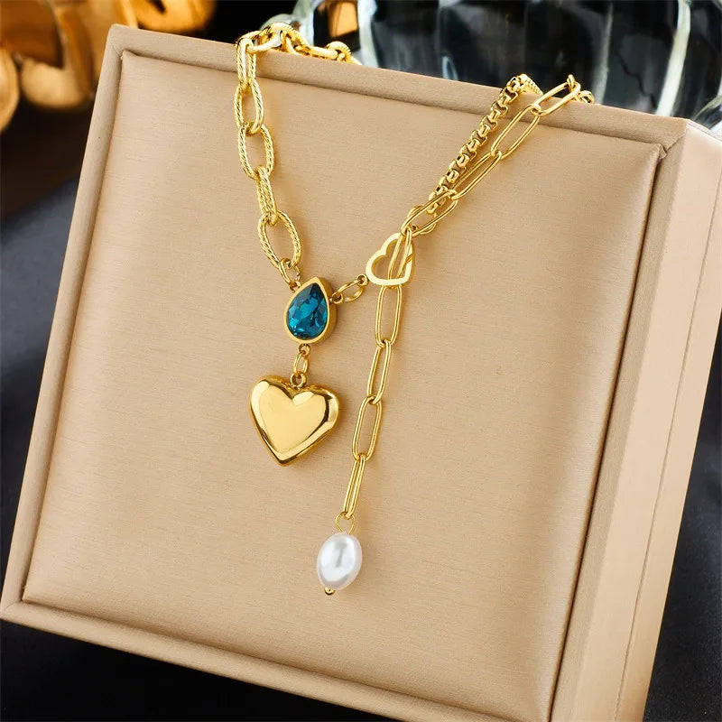 2025 New Fashion Women's 18k Gold Plated Stainless Steel Heart Pendant Necklace Double Layer Tarnish-Free Jewelry