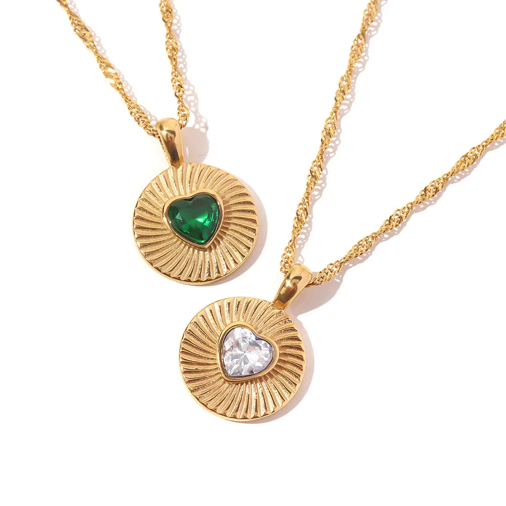 INS Trend Heart Jewelry Stainless Steel 18K Gold Plated Punk Green Zircon Heart Pendant Wave Chain Necklace for Women
