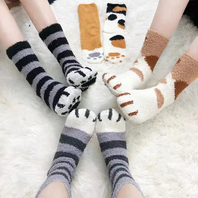 Japanese Cat Claw Coral Fleece Female Floor Socks Plush Autumn and Winter Warm Plus Velvet Thick Warm Slouch Socks