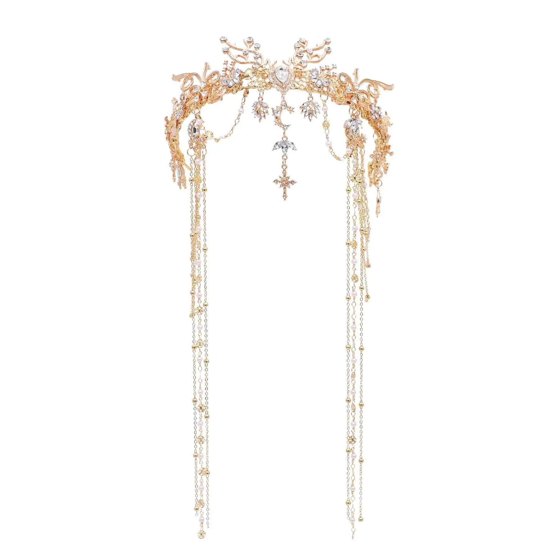 Wedding Women Hair Jewelry Deer Head Crown Tiara Long Tassel Pendant Rhinestone Statement Travel Hairwear