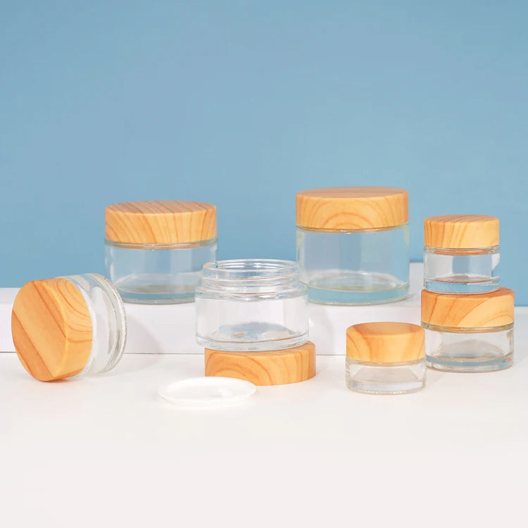 Matte Transparent 5g10g15g20g30g 50g60g Glass Cream Jars Wooden Plastic Cover Clear Glass Bottles Plastic Bamboo Lid Cosmetics