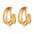 New Trendy 18K Gold Plated Stainless Steel Statement Gold Triple Circle C-shaped Round Hoop Stud Earrings