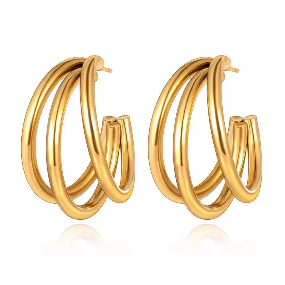 New Trendy 18K Gold Plated Stainless Steel Statement Gold Triple Circle C-shaped Round Hoop Stud Earrings