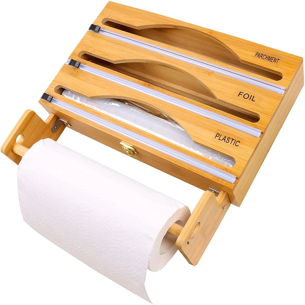 Bamboo Wrap Dispenser With Cutter Plastic Wrap Foil and Plastic 3 in 1 Wrap Dispenser With Cutter and Labels