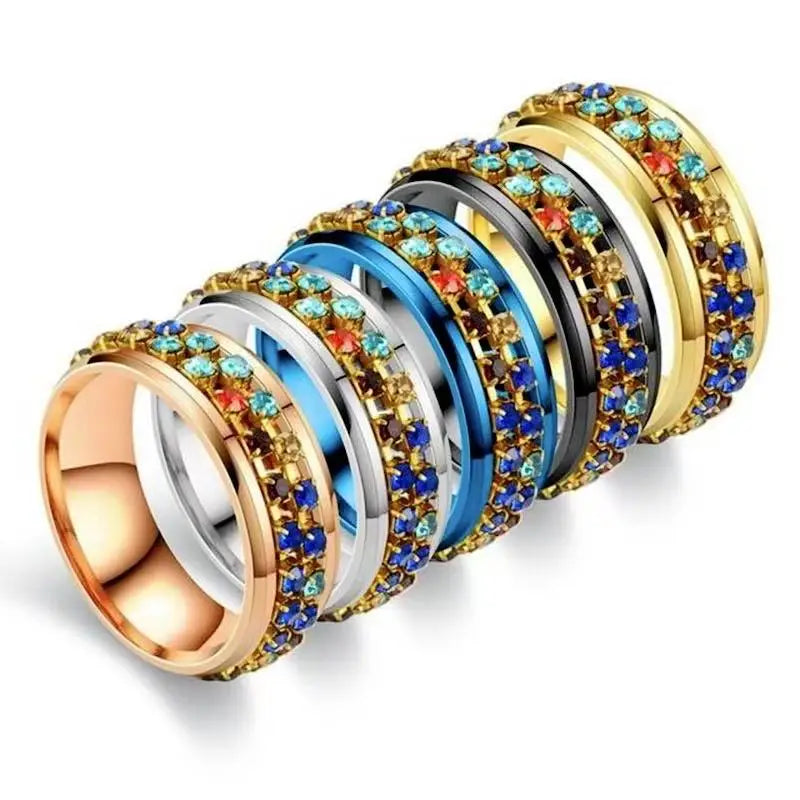 Hot Selling Stainless Steel rainbow Crystal Diamond Chain Ring Rotatable to Relieve Anxiety and Irritability Couple Ring Jewelry