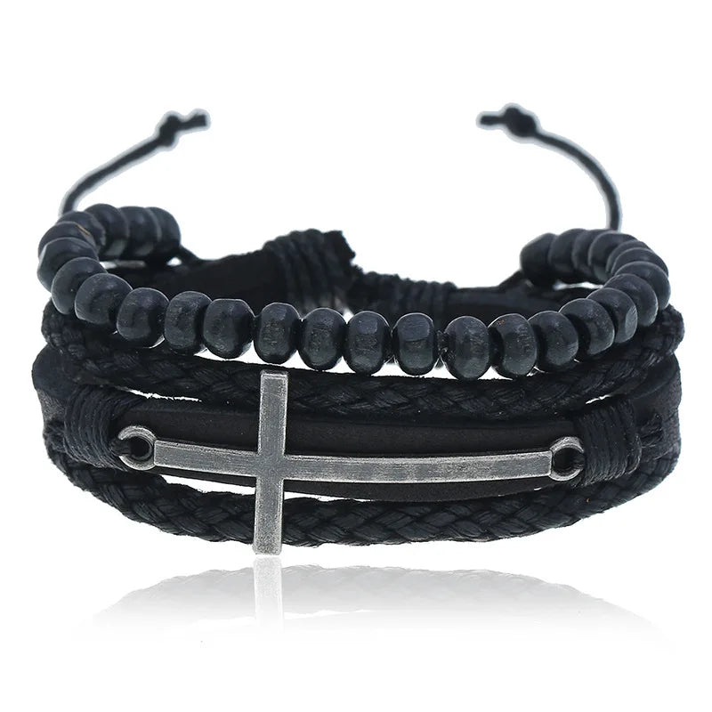 Hot Sale Adjustable Size Metal Cross Wood Beaded Leather Bracelet Size-Adjustable Jewelry Weave Rope Fashion Bracelets