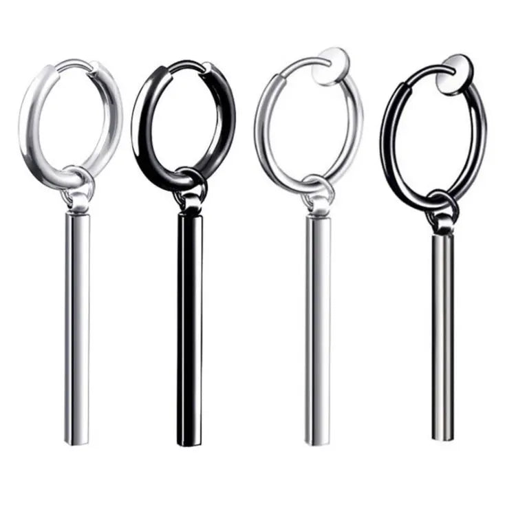 SC Hip Hop Men Bar Pendant Clip on Earrings Non Piercing Fashion Stainless Steel Long Square Bar Dangle Hoop Earrings for Women