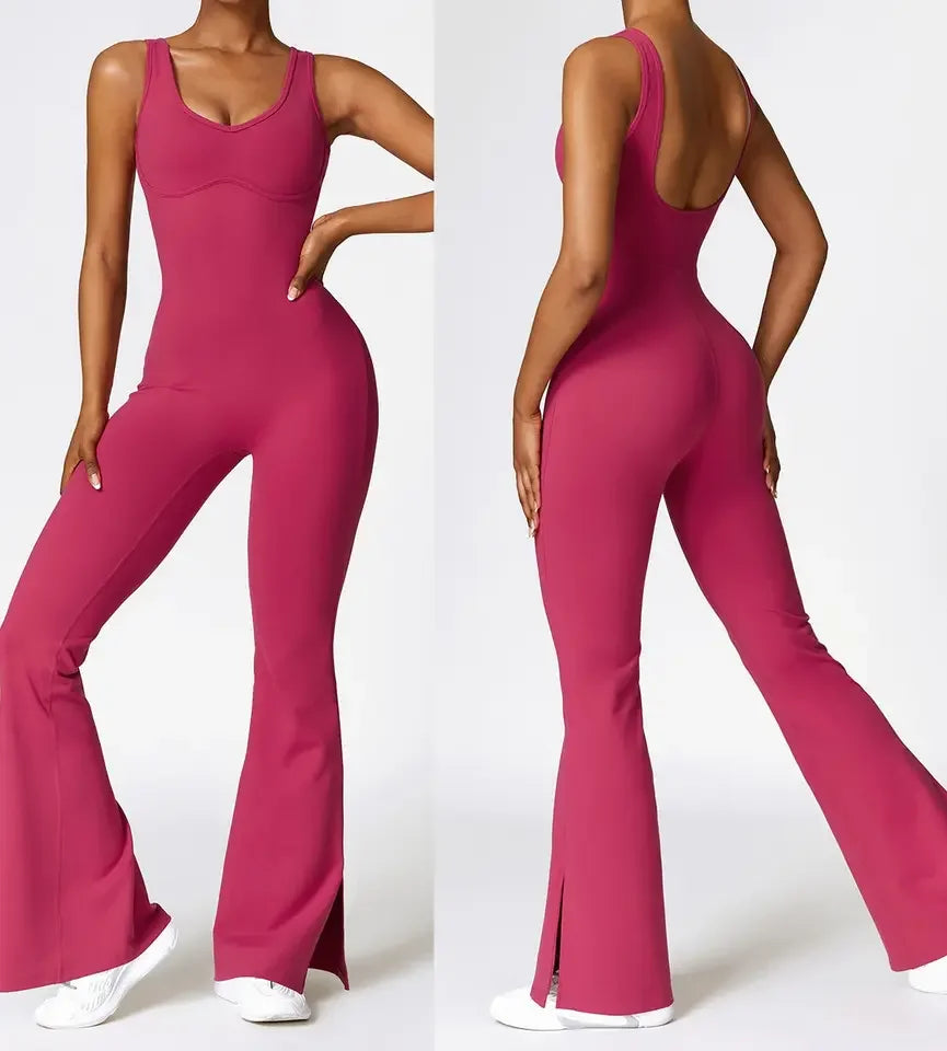 Women Soft Tight Sleeveless Flared Bottom One Piece Yoga Fitness Workout Gym Bodysuits
