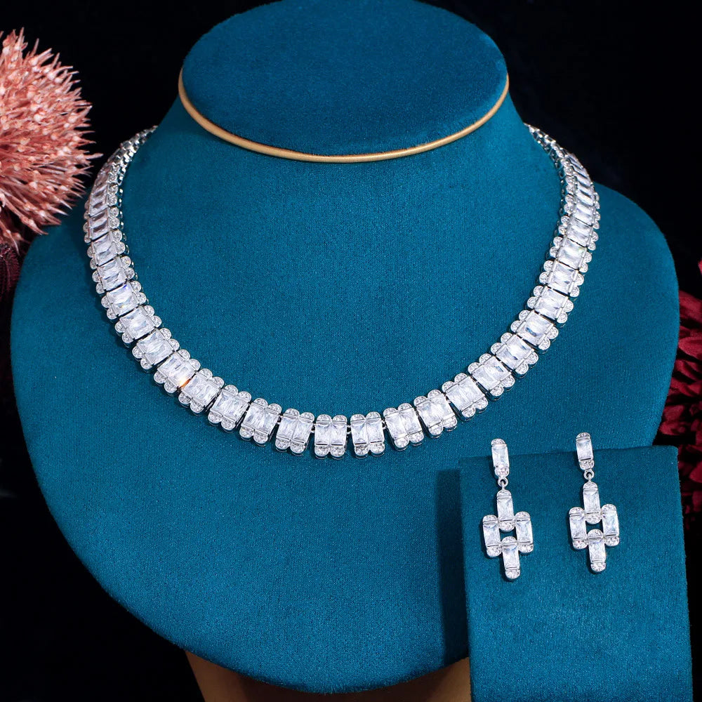 Trends New Arrivals Cubic Zirconia Crystal Tennis Necklace and Earrings Bridal Jewelry Set Elegant Women Lady Wedding Party Gift