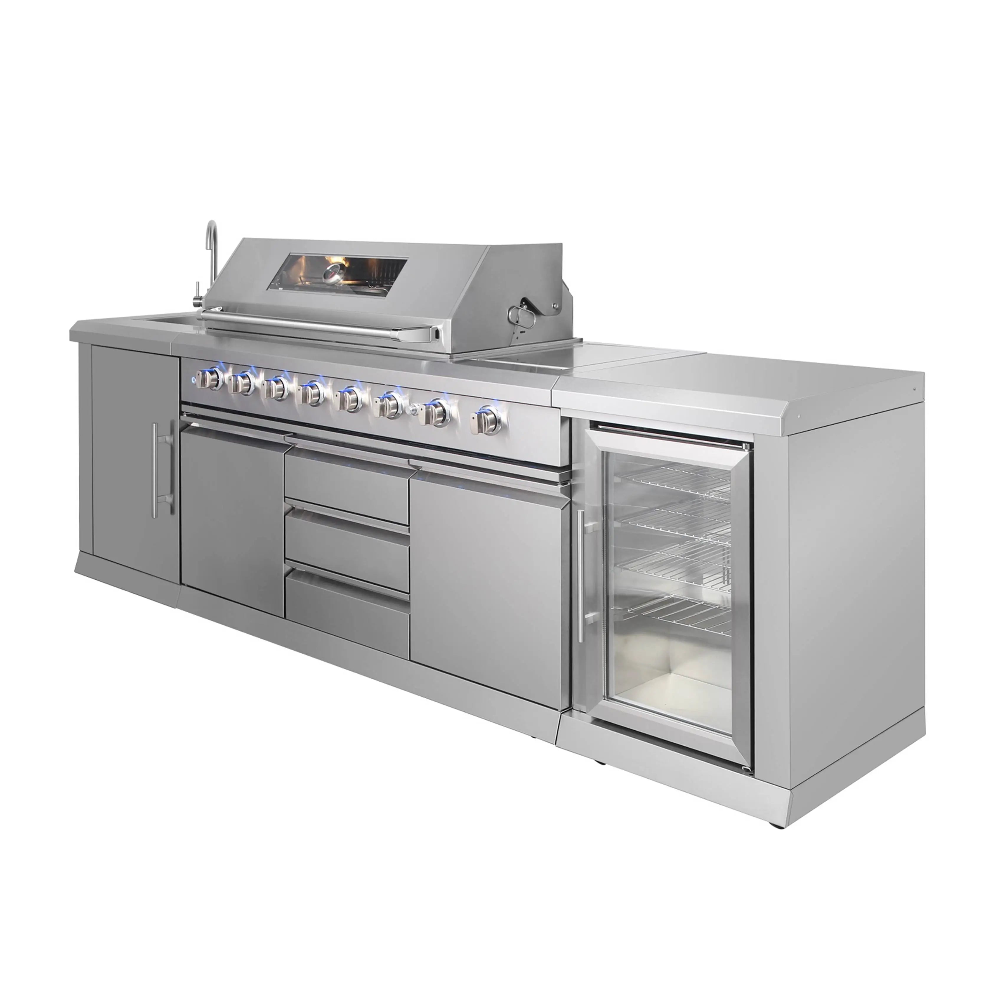 Professional Modular Outdoor Kitchen Island with 8-Burner Stainless Steel BBQ Grill Cabinet & Wheels