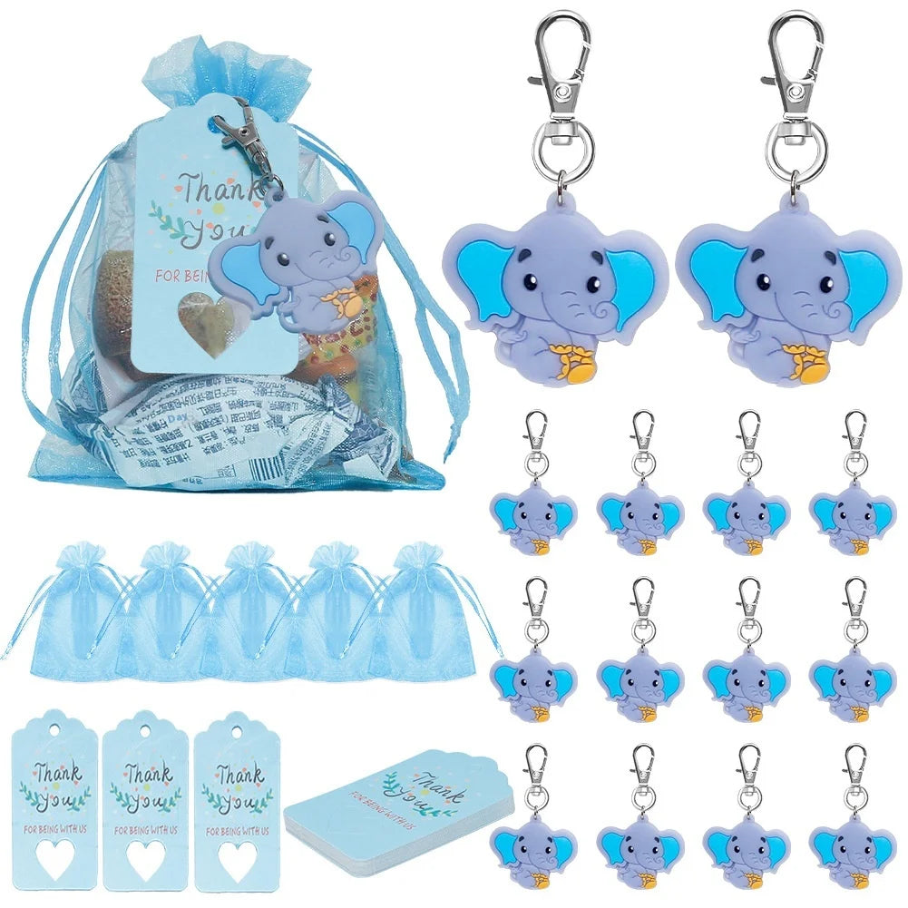 DAMAI 30 Pack Elephant Party Return Favors with 30 Blue Baby Elephant Keychains 30 Thank You Tags and 30 Gift Bags for Elephant