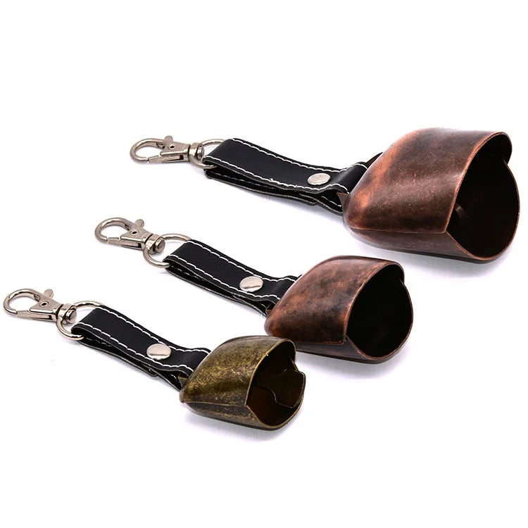 New Arrival Personalized Custom Retro Metal Cow Bell Genuine Leather Strap Hiking Bear Bells for Dogs