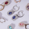 Collection of Colorful Dangle Earrings 14K Solid Gold Halo Set with Lab Ruby Emerald Blue Sapphire Fine Jewelry Drop Earrings