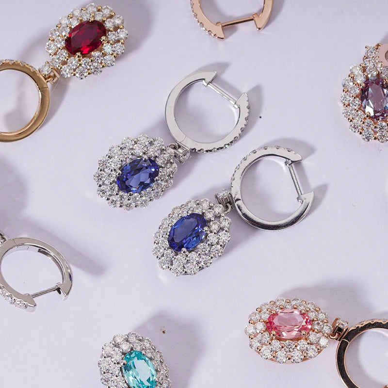Collection of Colorful Dangle Earrings 14K Solid Gold Halo Set with Lab Ruby Emerald Blue Sapphire Fine Jewelry Drop Earrings