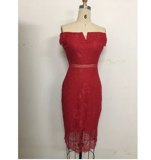 New Fashion Women XL Size Sleeveless Shoulder Lace Dress Solid Slim Pencil Casual Party Evening Back Zipper Printed Knitted