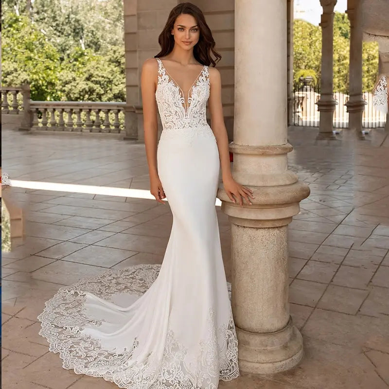 13208#Beach Bohemian Mermaid Illusion Back 2022 Sleeveless Spaghetti Strap Princess Sexy Lace Applique Wedding Dress Bridal Gown