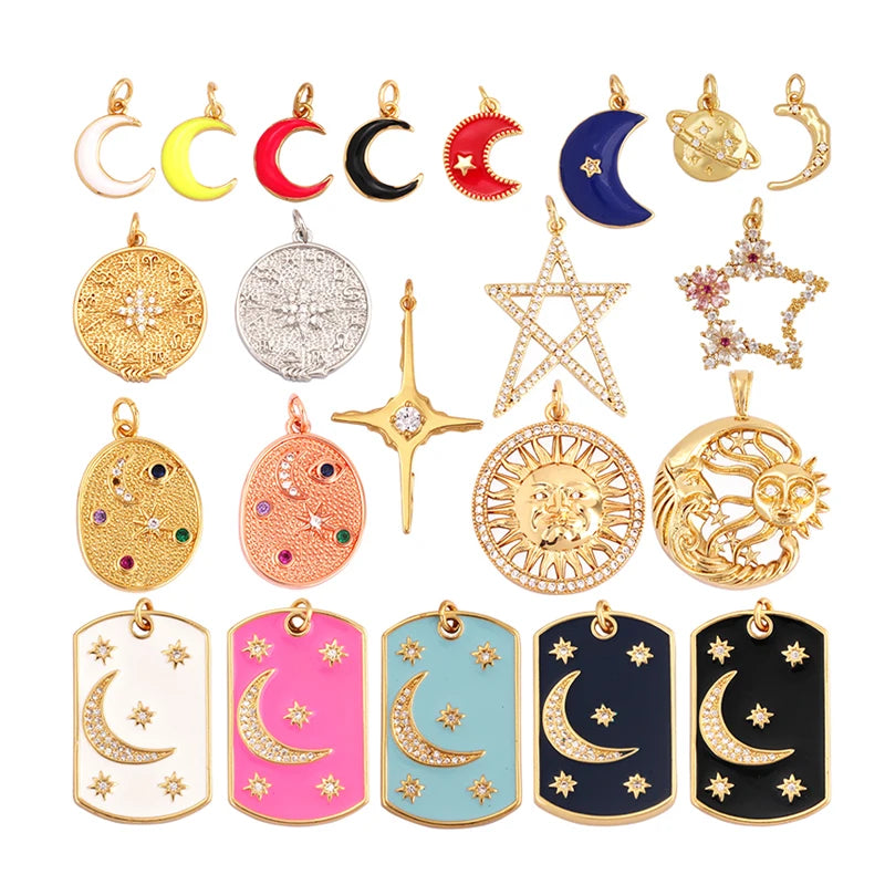 Trendy Popular Star Moon Sun Planet Earth Charm Pendant18K Gold Plated Zircon Necklace Bracelet for Handmade Jewelry Supply L42