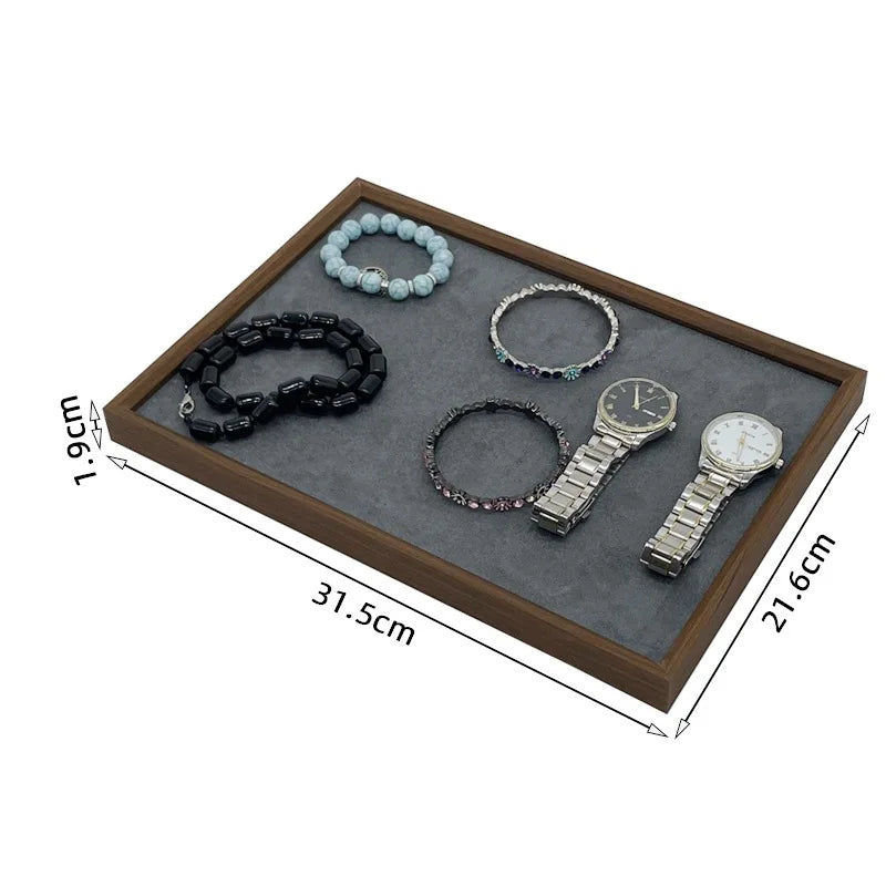 Luxury Dark Gray Walnut Wood Suede Hot Sell Rectangle Jewelry Tray Elegant Organizer for Displaying Bangles Necklaces Watches
