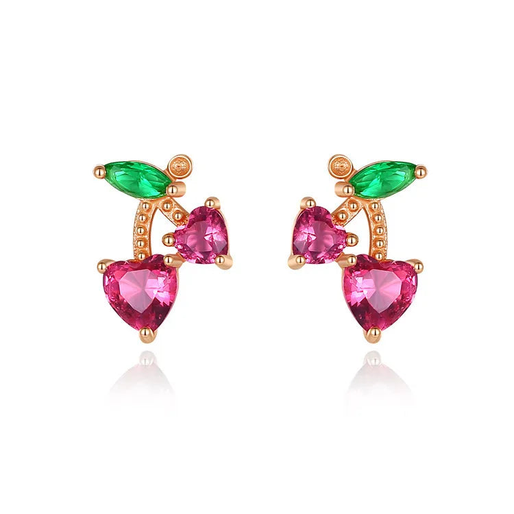 SP Sterling Silver Simple Cute Design Fruit Cherry Stud Earrings Dainty 925 Zircon Fruit Earrings