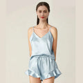 Pure Silk Satin Top and Knee-Length Ruffle Shorts Elastic Waist Sleepwear Nightwear for Spring and Summer