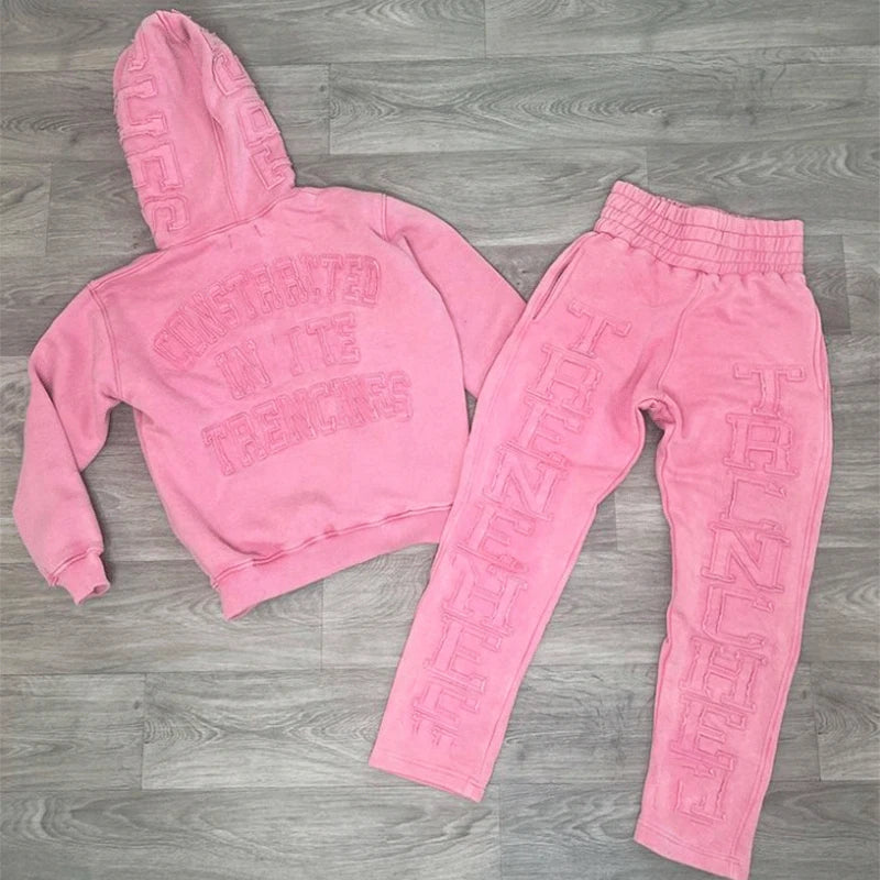 Unisex Custom Printed Tracksuit with Embroidered Patches Breathable Jogger Flared Sweatpants and Hoodie Set for Men