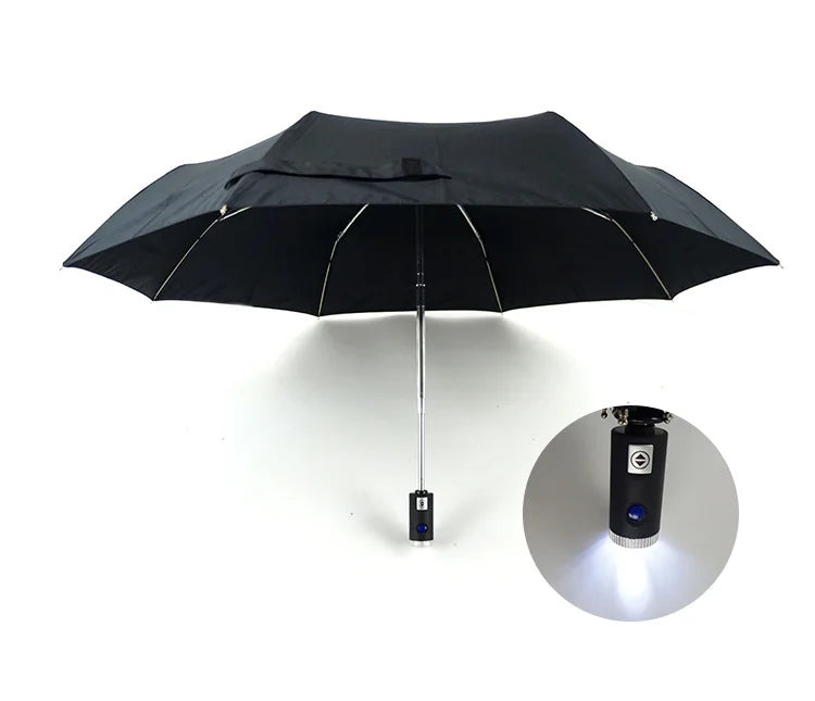 Customized Printing LED Umbrella with Logo Printing 3-Folding Design Business Gifts Plastic Handle Nylon Material