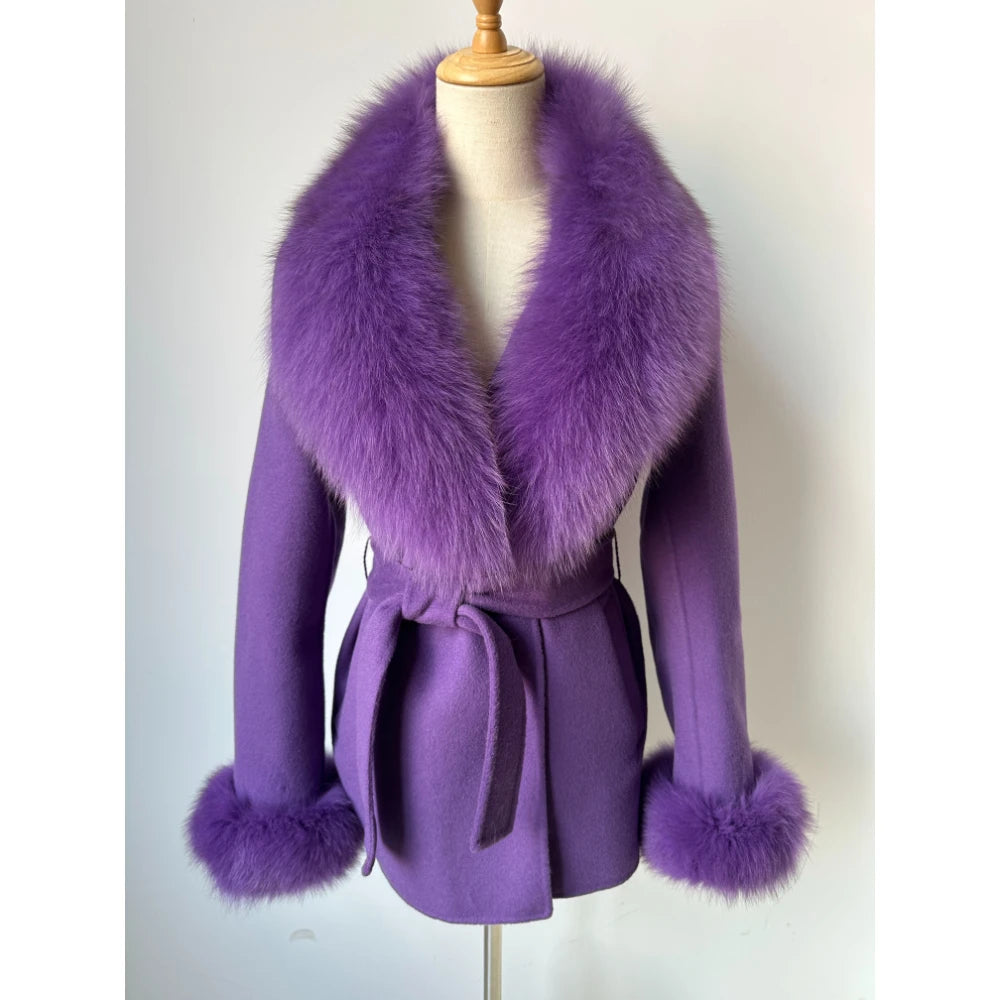 Latest Design Classic Wool Overcoat Women Winter Elegant Cashmere Coats With Fox Fur Collar Short Style Autumn