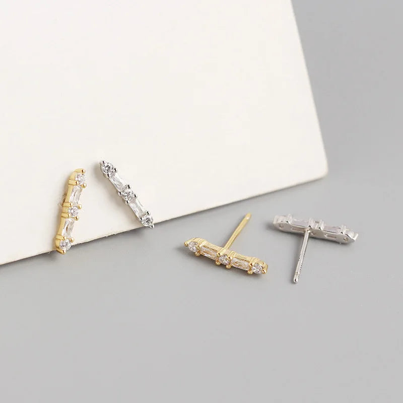 NEW 925 Sterling Silver Small Minimalist Cute Bar Shape White CZ Stone Stud Earring for Women Jewelry