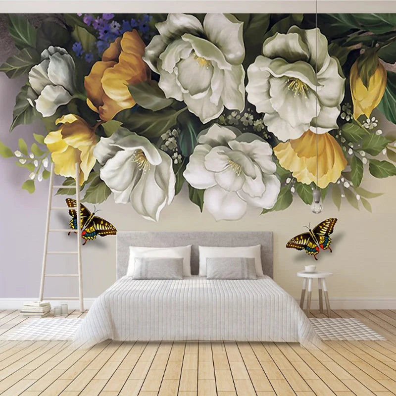European style hand-painted retro rose flower oil painting wallpaper living room TV background wall bedroom office mural