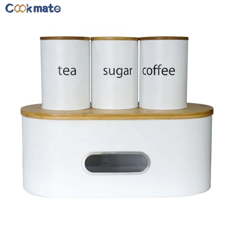 Hot Selling White Modern Metal Bread Boxes Saving Bread Bin for Kitchen with Bamboo Cutting Board Lids