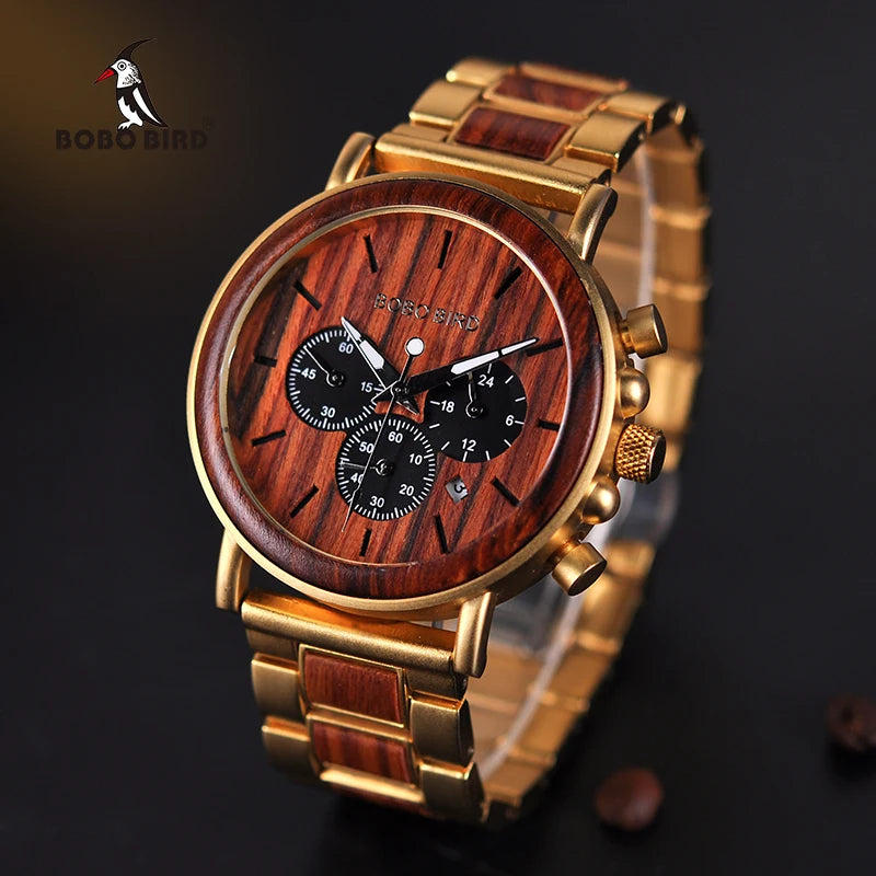 Hot Selling Luxury Stainless Steel & Wooden Band Quartz Movement Beijing Chronograph 44mm Fashion Mens Watch with Pointer Dial