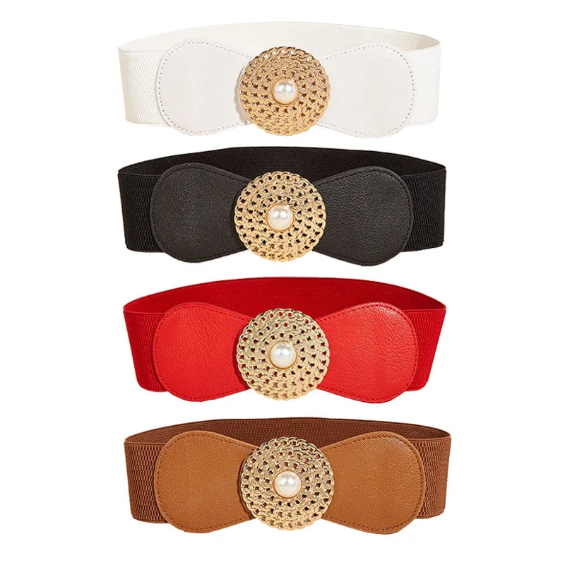 Big Round Alloy Buckle Wide Corset Elastic Belt for Women Waist Belt for Dress Ladies Waistband