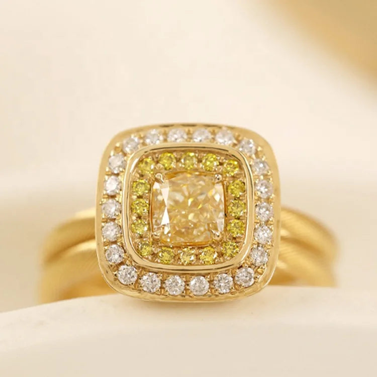 Ruyi Luxury square Cushion Cut Yellow Diamond Ring 18k Solid Gold Designer Woman Jewelry Ring MegaBDM
