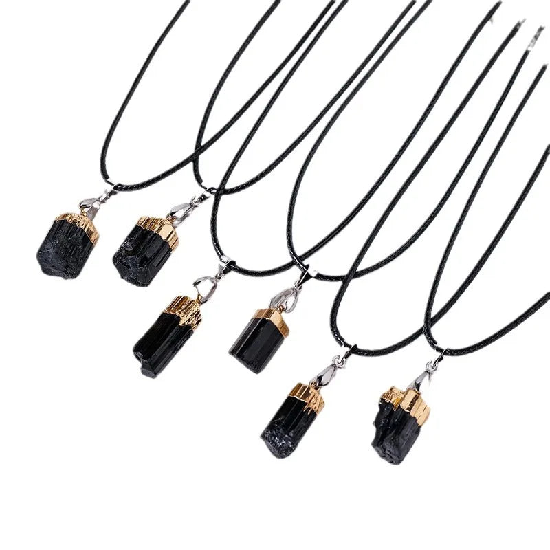 Wholesale Natural Crystal Raw Stone Black Tourmaline Pendant Electroplating Edging Tourmaline Column Jewelry Pendant Necklace