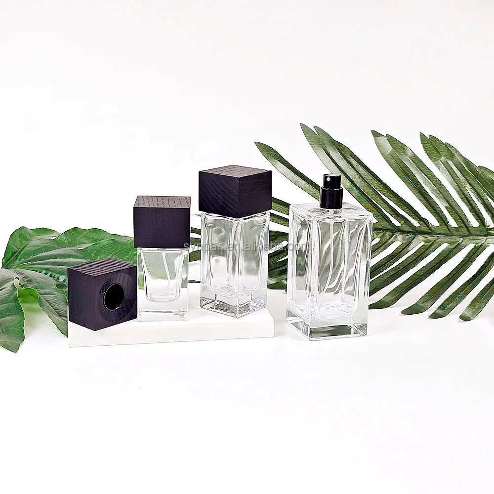 Luxury Empty Square-Lid Thick Glass Perfume Bottle Hot Stamping Pump 30ml 50ml 100ml Sizes for Essential Oil Serum Skin Care