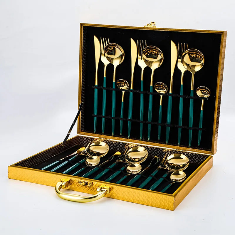 Utensil Fork Knife Spoon Black Gold Flatware Stainless Steel Cutlery 24pcs Set With Wooden Box MegaBDM