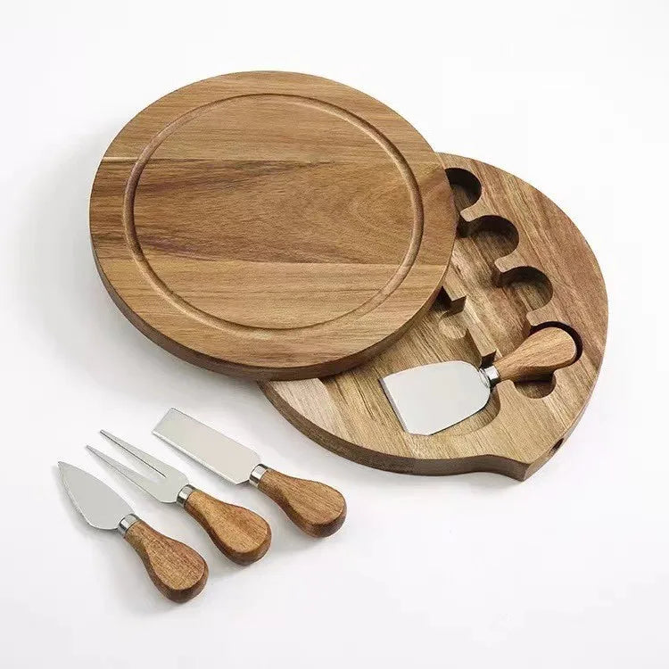 Wholesale Custom Logo Small Round Acacia Wood Cheese Board Set With Knife Slicer Cheese Plate