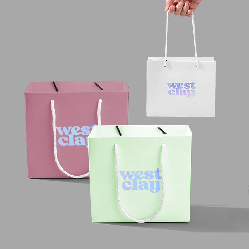 Reusable Pink Tote Paper Bags Custom Eco-Friendly Holographic Printed Your Logo Shopping Packaging for Gift Jewelry with Handle