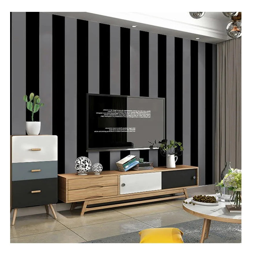 Modern Black and Grey Striped Vinyl Pvc Wall Paper Wallcovering Decorative Wallpapers for Living Room Home Coffee bar