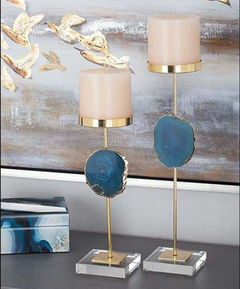 Natural Blue Stone Marble Gemstone Crystal Agate Tealight Candle Stick Candle Holder for Wedding Home Decoration